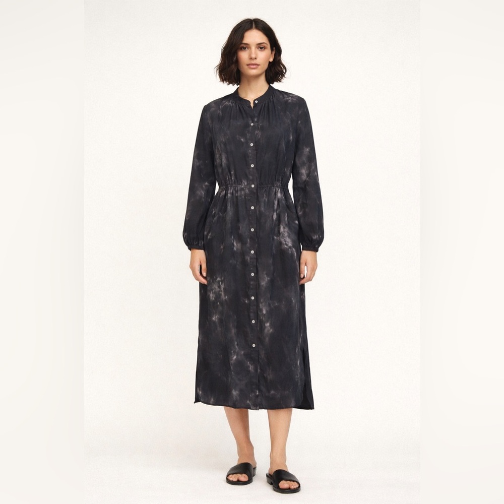 Raquel Allegra Cotton Silk Tie Dye Midi Shirt Dress Black Grey Size 2 Medium 43”